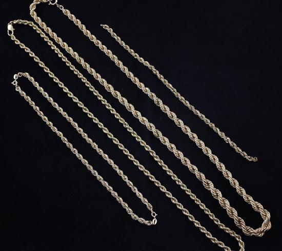 An Italian 18ct gold ropetwist chain, together with two similar 14ct gold chains and a 14ct gold bracelet, 24in et infra.